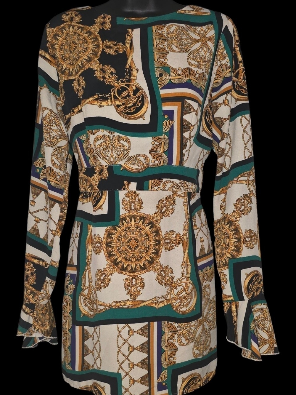 Unbranded Boutique Baroque Scarf Print Mini Dress - Green & Gold (Like New)